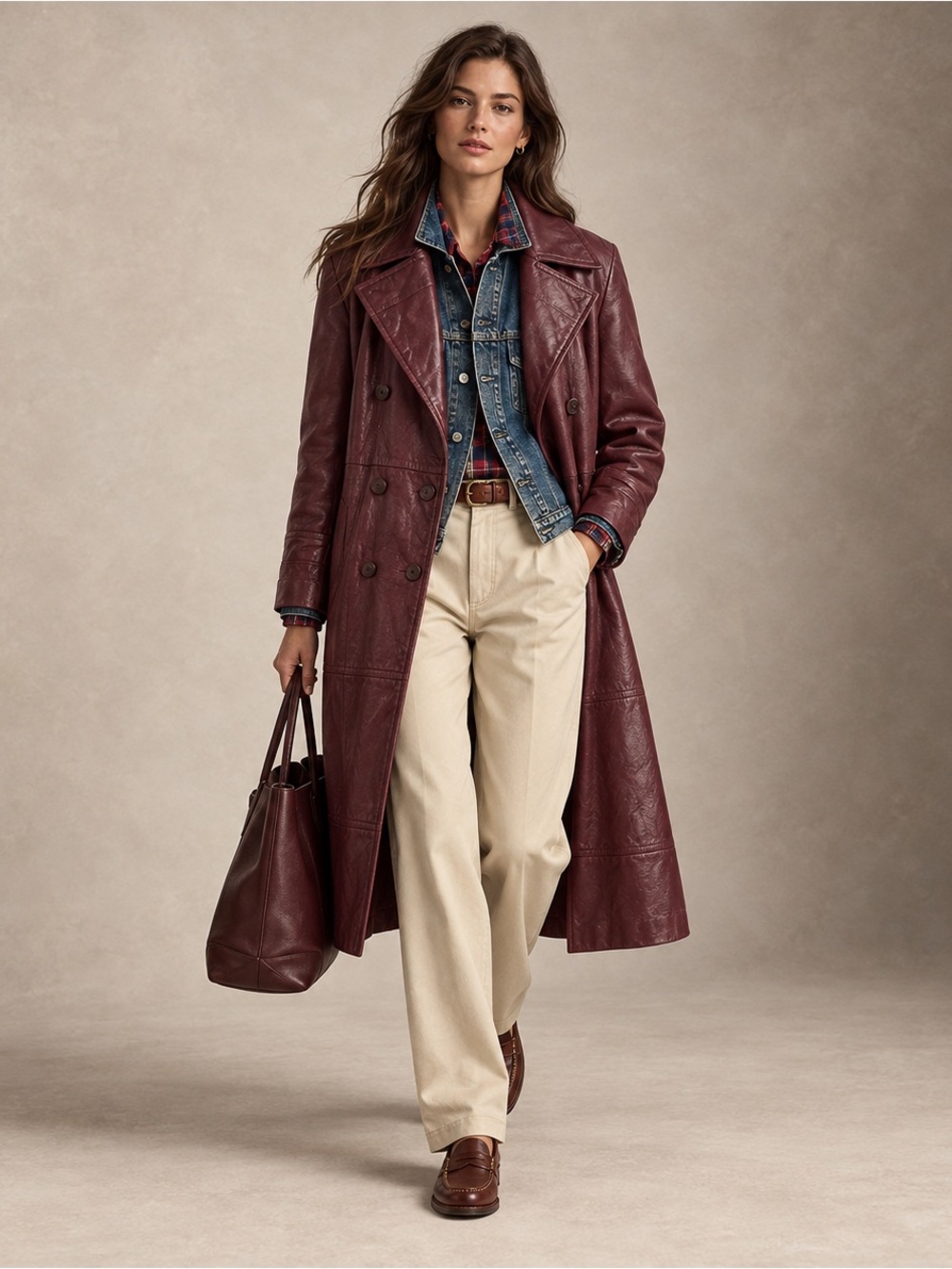 Vintage Burgundy Genuine Leather Double Breasted Trench Coat Large